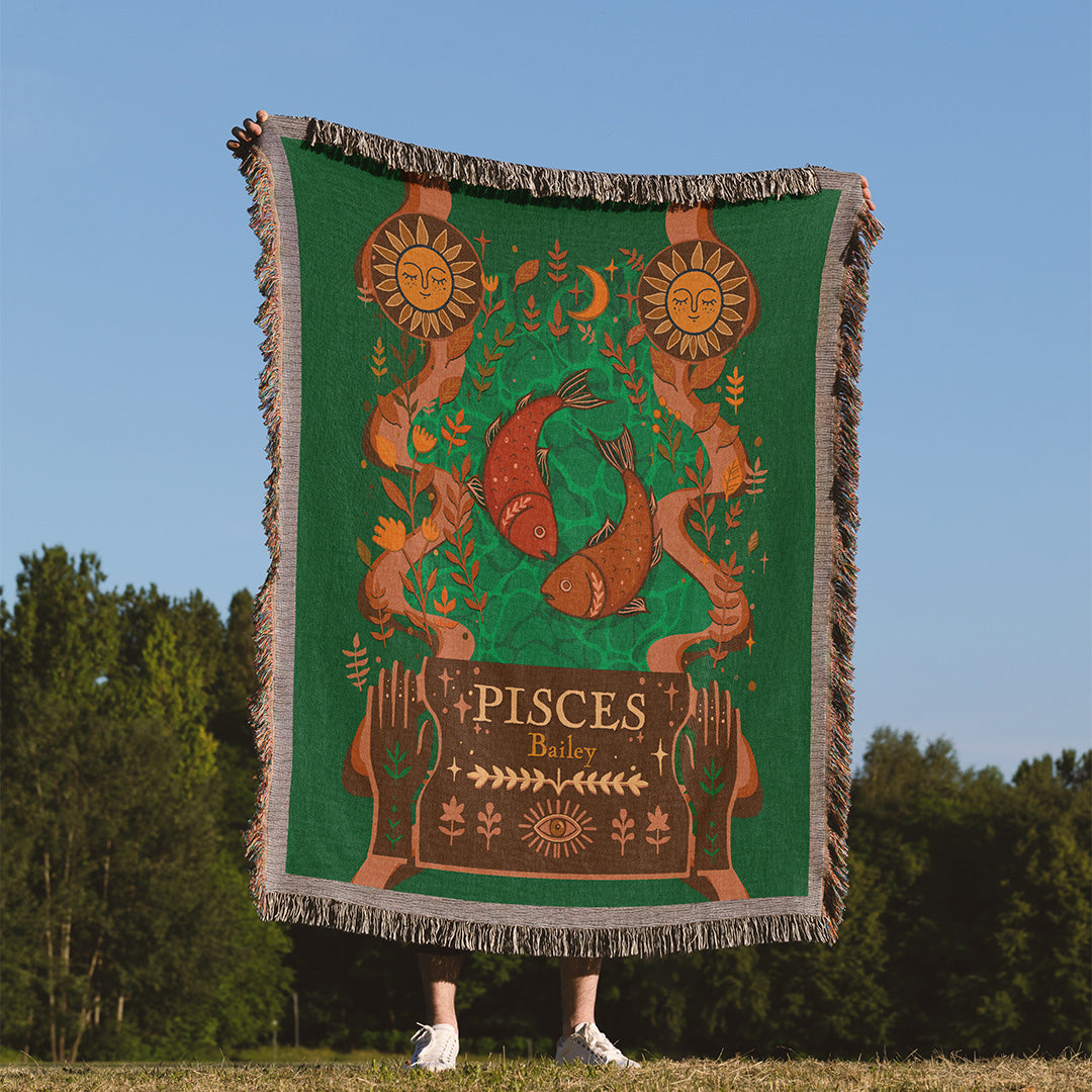 Personalized Pisces Zodiac Woven Throw Blanket - Custom Name Astrology Gift