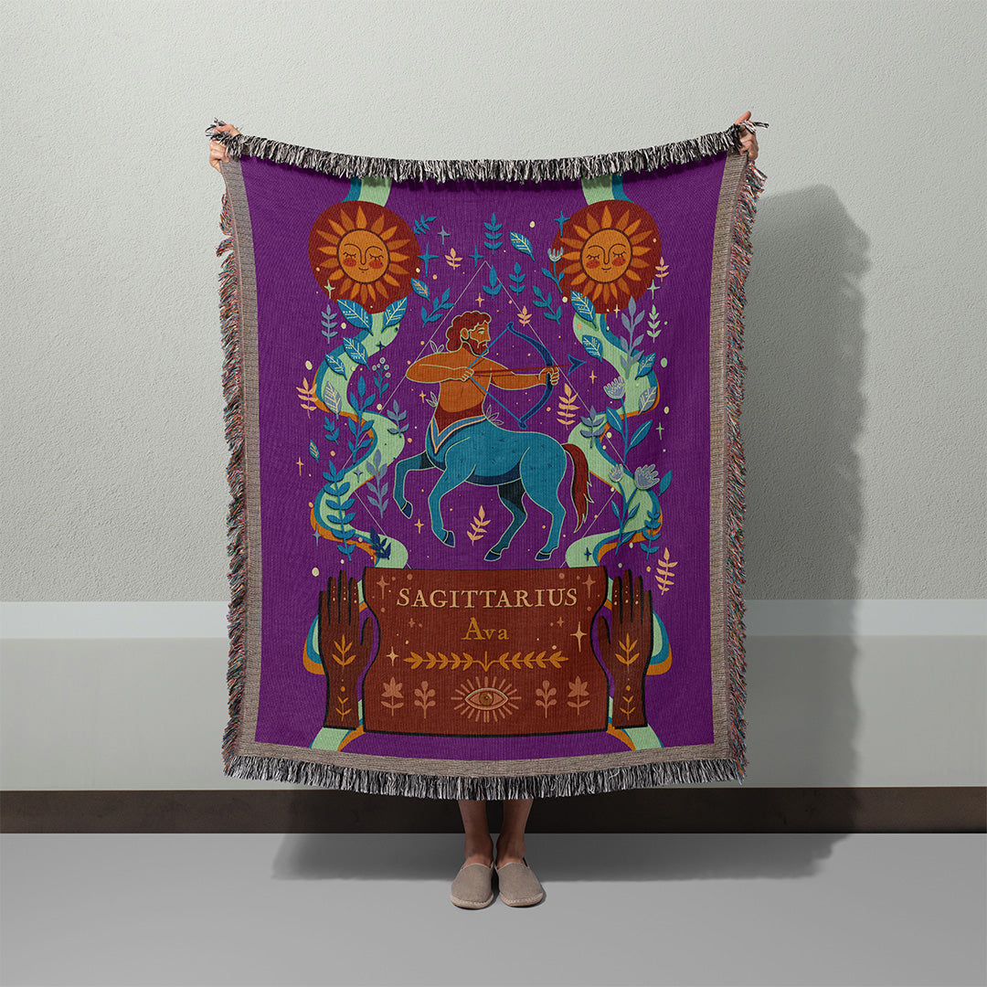 Personalized Sagittarius Zodiac Woven Throw Blanket - Custom Name Astrology Gift