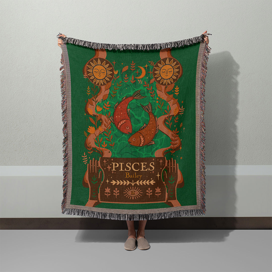 Personalized Pisces Zodiac Woven Throw Blanket - Custom Name Astrology Gift
