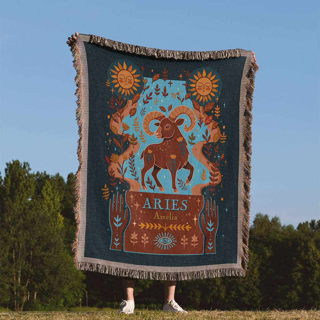 Personalized Aries Zodiac Woven Throw Blanket - Custom Name Astrology Gift