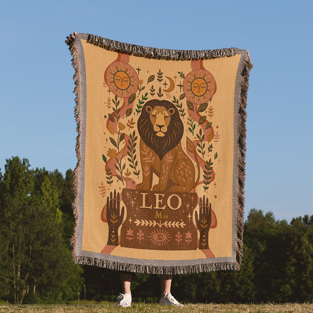 Personalized Leo Zodiac Woven Throw Blanket - Custom Name Astrology Gift