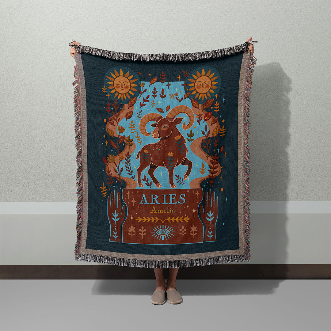 Personalized Aries Zodiac Woven Throw Blanket - Custom Name Astrology Gift