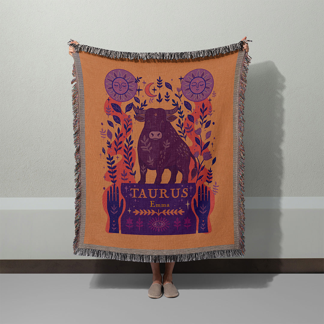 Personalized Taurus Zodiac Woven Throw Blanket - Custom Name Astrology Gift
