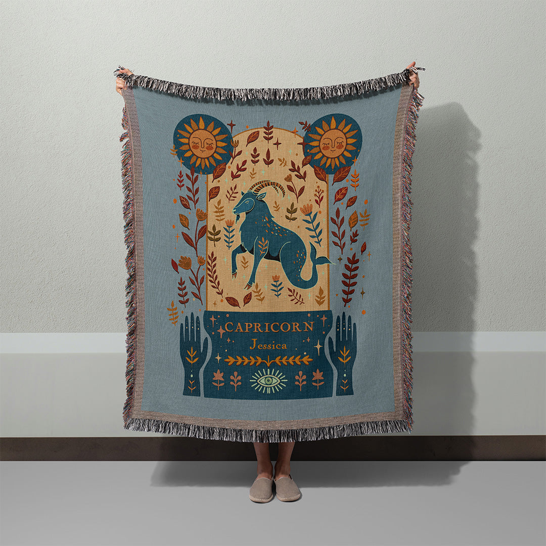 Personalized Capricorn Zodiac Woven Throw Blanket - Custom Name Astrology Gift