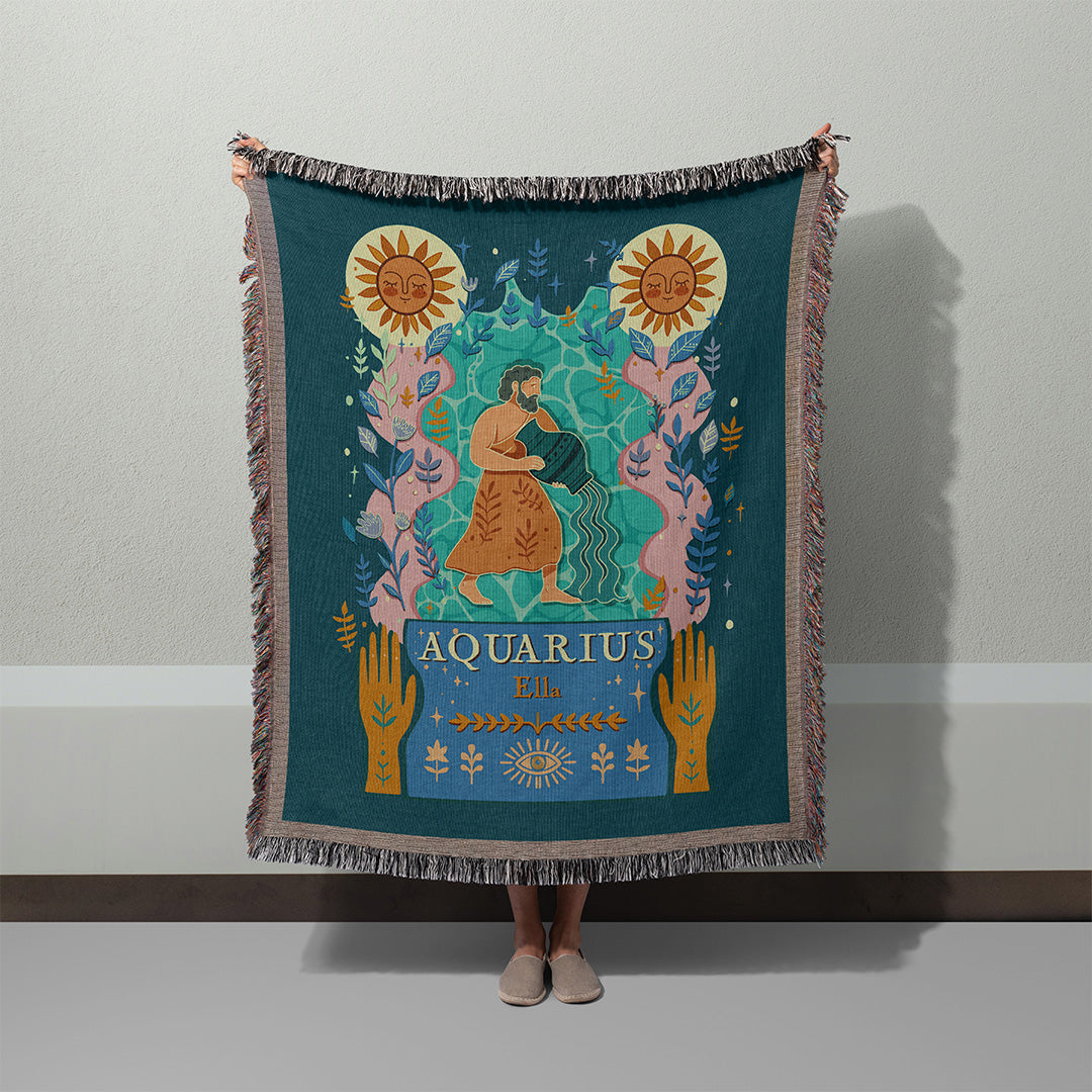 Personalized Aquarius Zodiac Woven Throw Blanket - Custom Name Astrology Gift