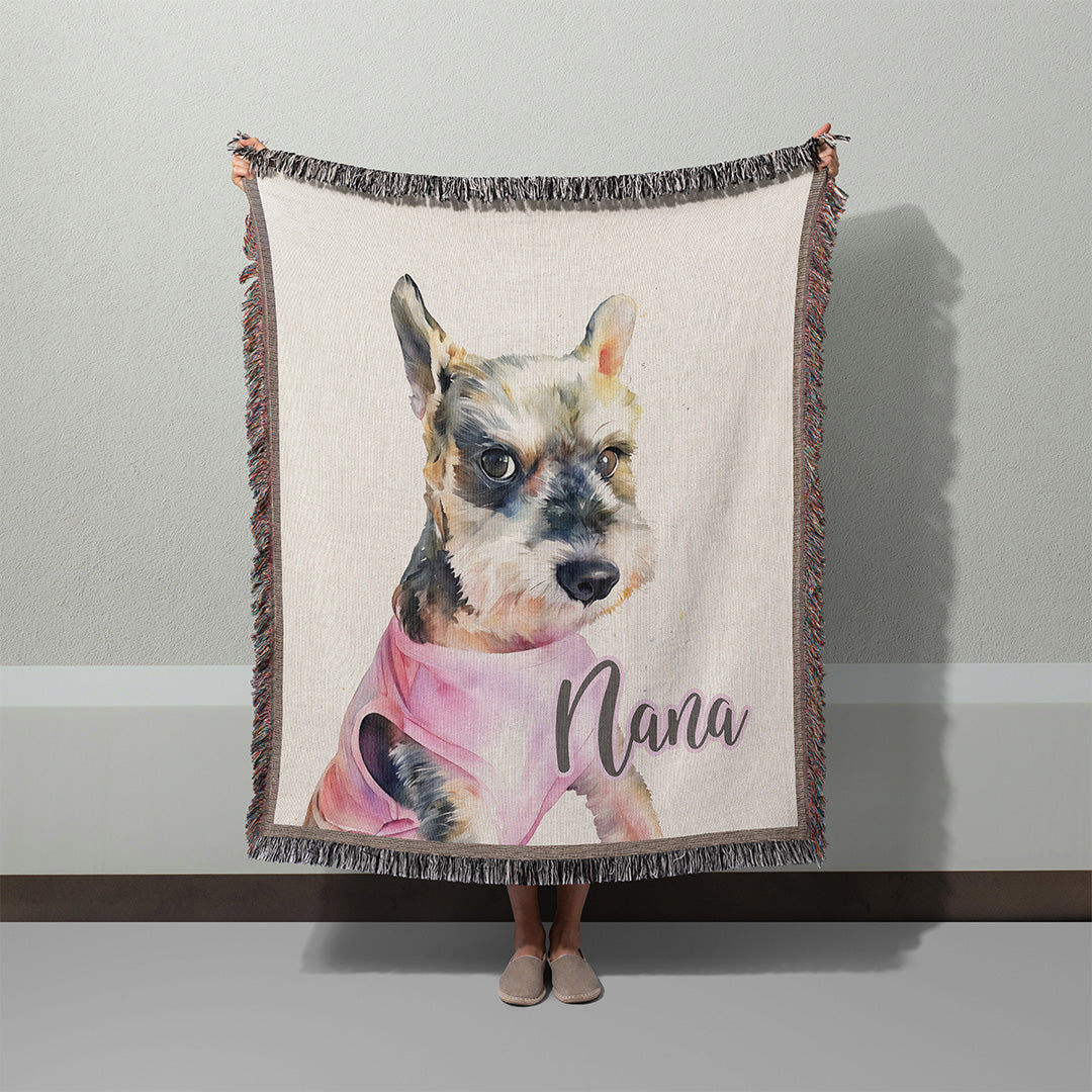 Personalized Watercolor Dog Portrait Woven Throw Blanket (50″ x 60″)
