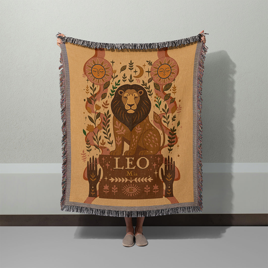Personalized Leo Zodiac Woven Throw Blanket - Custom Name Astrology Gift