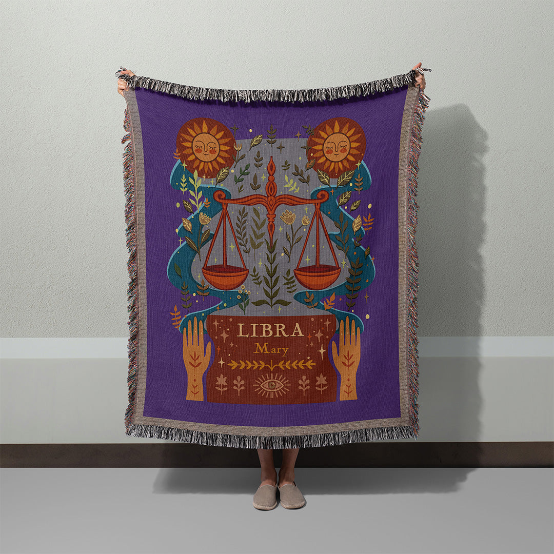 Personalized Libra Zodiac Woven Throw Blanket - Custom Name Astrology Gift