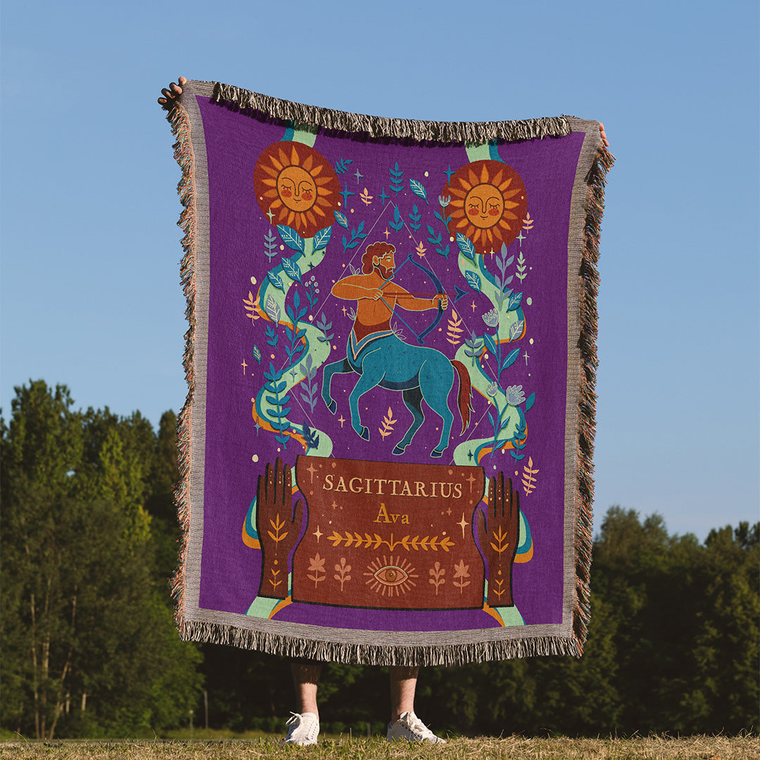 Personalized Sagittarius Zodiac Woven Throw Blanket - Custom Name Astrology Gift