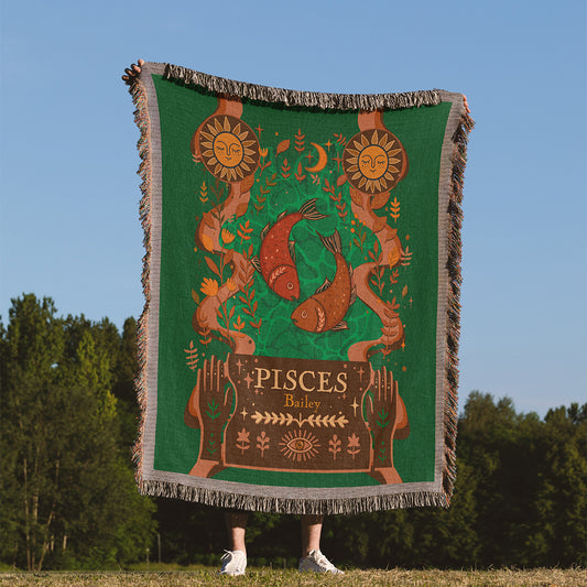 Personalized Pisces Zodiac Woven Throw Blanket - Custom Name Astrology Gift