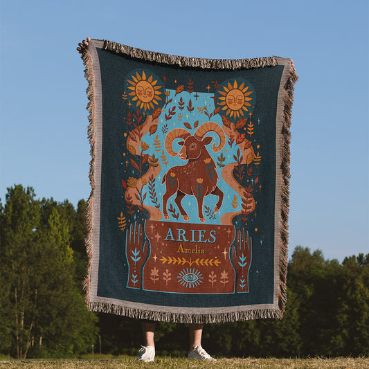 Personalized Aries Zodiac Woven Throw Blanket - Custom Name Astrology Gift