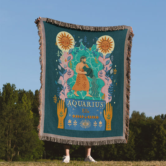 Personalized Aquarius Zodiac Woven Throw Blanket - Custom Name Astrology Gift