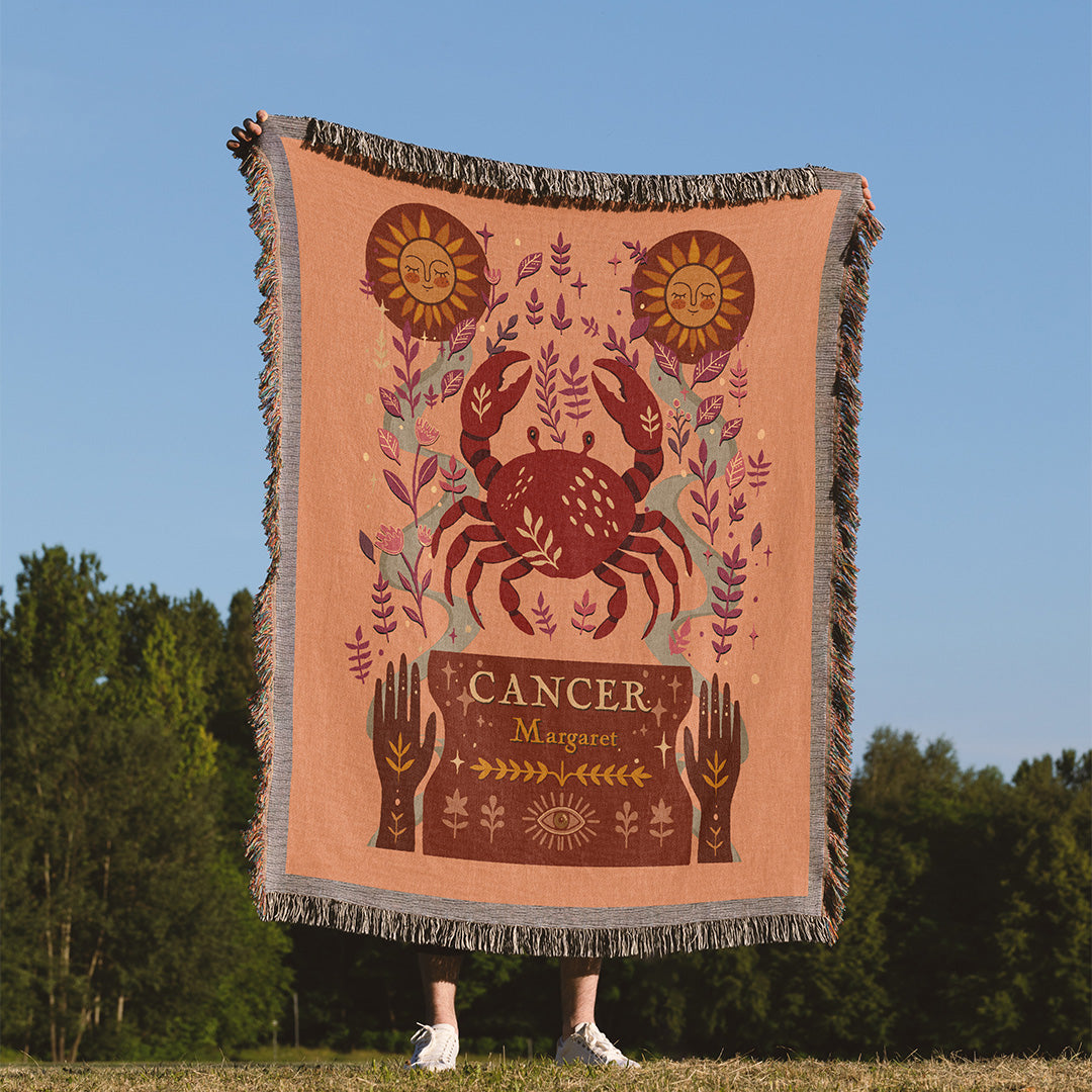 Personalized Cancer Zodiac Woven Throw Blanket - Custom Name Astrology Gift