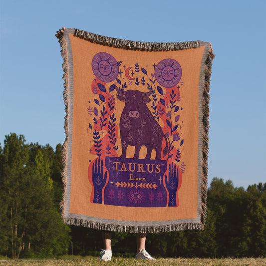 Personalized Taurus Zodiac Woven Throw Blanket - Custom Name Astrology Gift