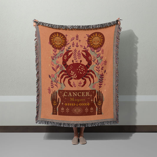 Personalized Cancer Zodiac Woven Throw Blanket - Custom Name Astrology Gift
